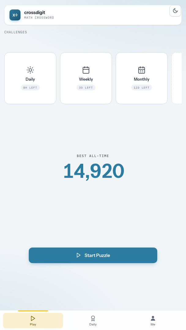 crossdigit home screen with challenge tiles